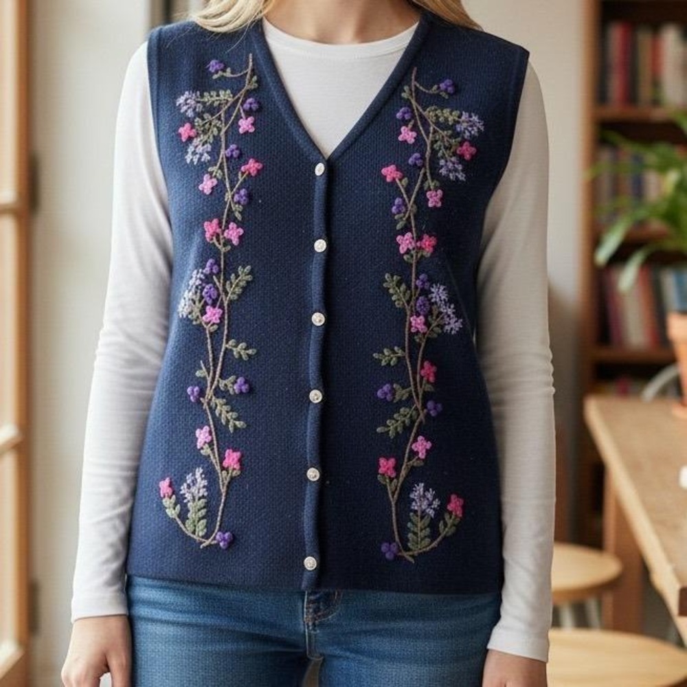 VTG Crystal Kobe Floral Embroidered Cardigan Vest Womens Medium Cottagecore